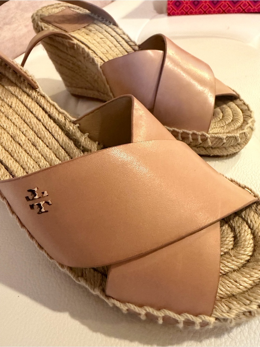 Tory Burch Caramel Leather Espadrille Wedge Sandals - Picture 3 of 5